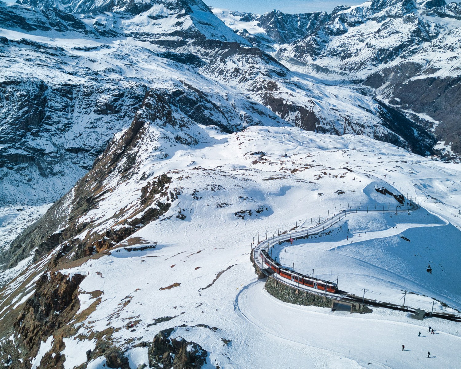 Gornergrat Railway with Gorner Glacier and surrounding Alpine peaks in panorama